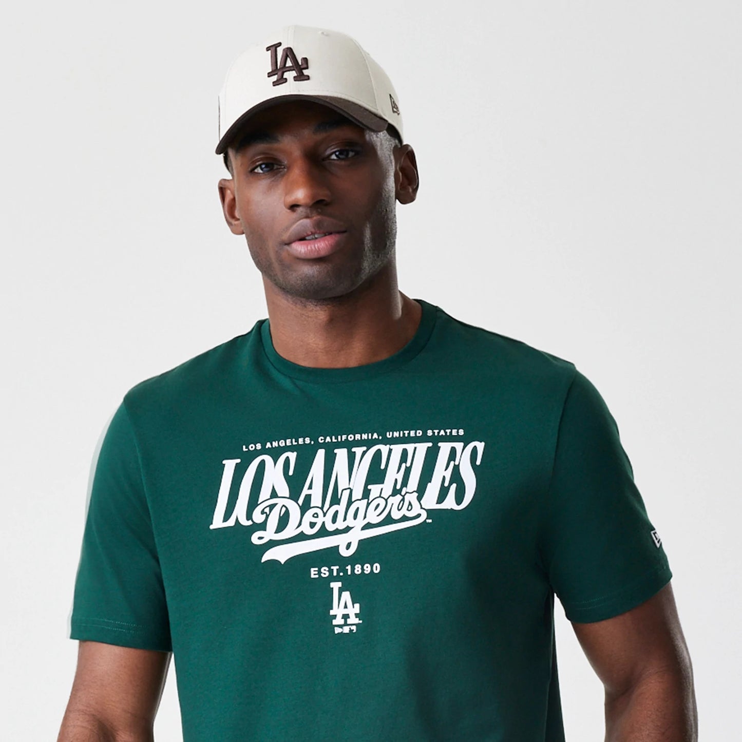 The Male model is wearing LA Dodgers MLB Script Graphic Dark Green T-Shirt 5