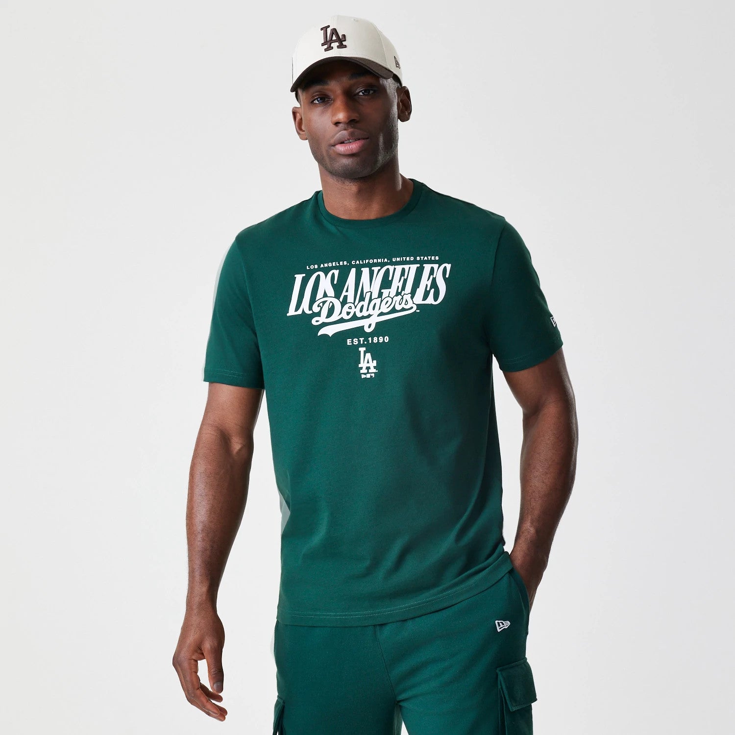 The Male model is wearing LA Dodgers MLB Script Graphic Dark Green T-Shirt 1