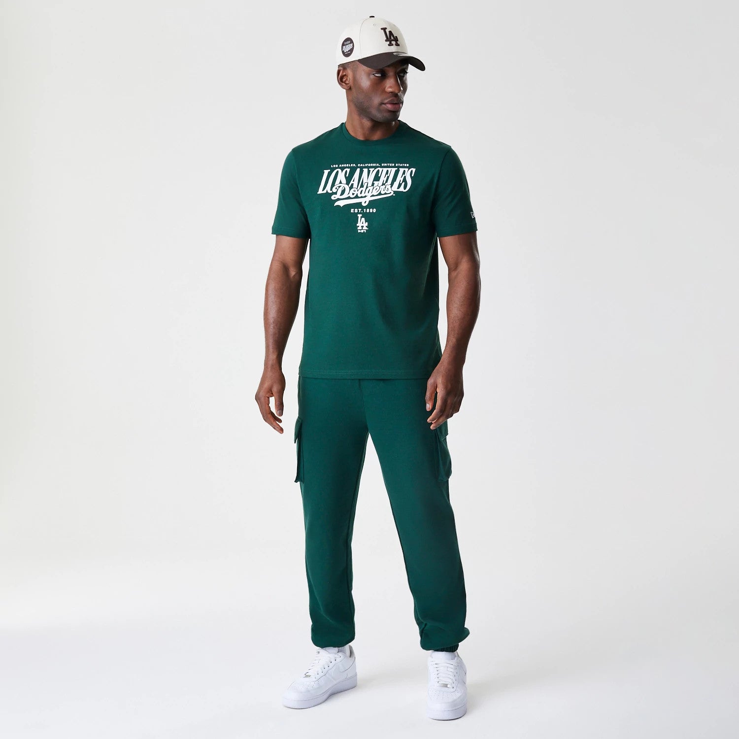 The Male model is wearing LA Dodgers MLB Script Graphic Dark Green T-Shirt 8