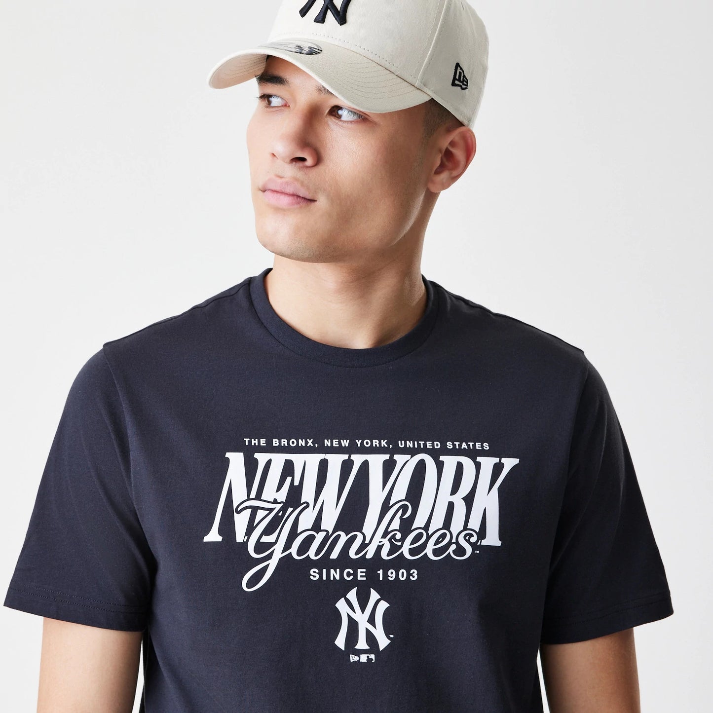 The Male model is wearing New York Yankees MLB Script Graphic Navy T-Shirt 4