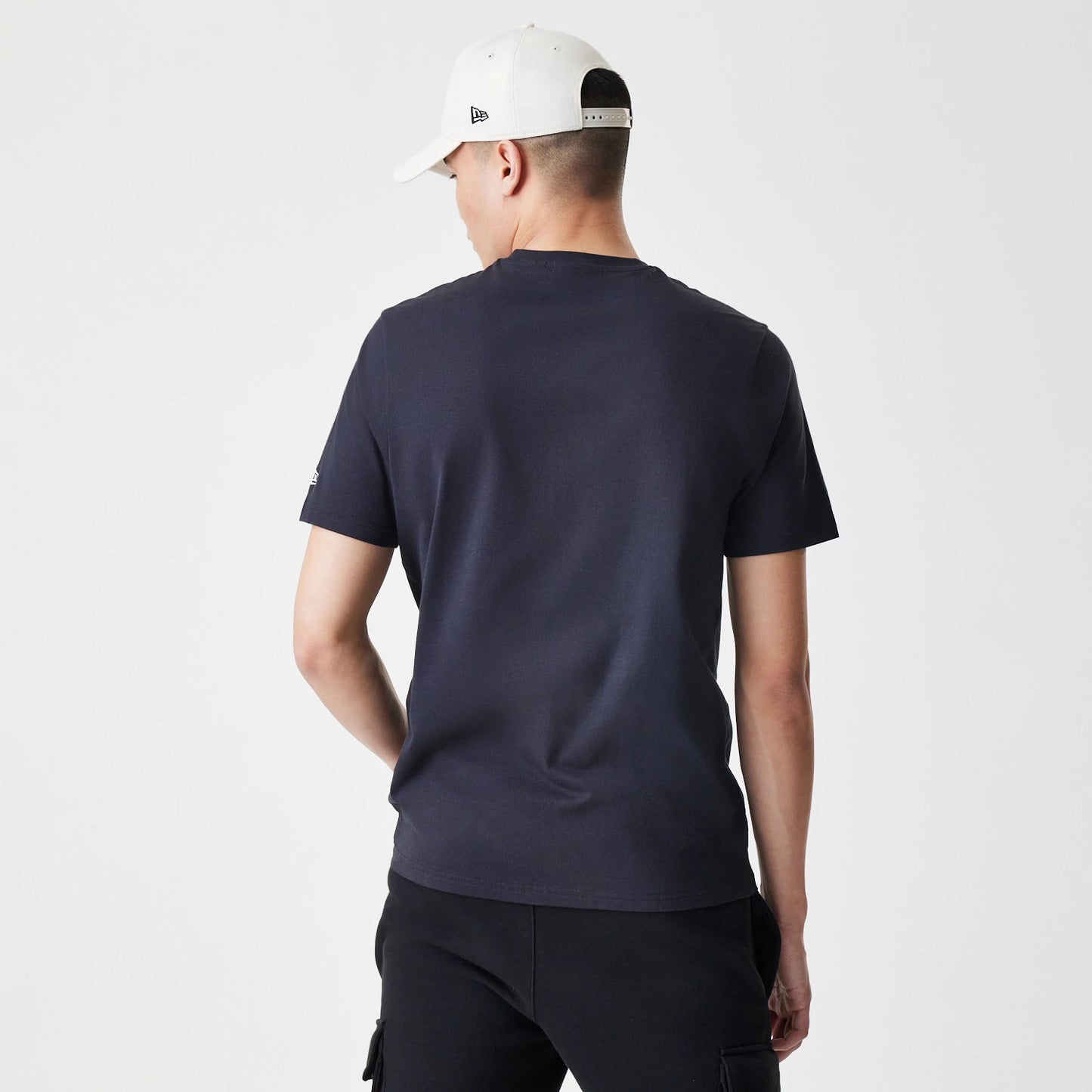 The Male model is wearing New York Yankees MLB Script Graphic Navy T-Shirt 2