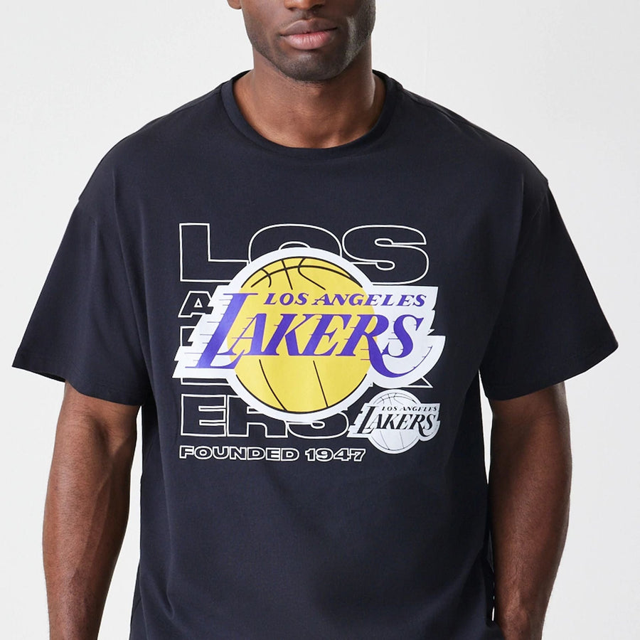 The Male model is wearing LA Lakers NBA Outline Graphic Navy Oversized T-Shirt  3