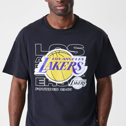 The Male model is wearing LA Lakers NBA Outline Graphic Navy Oversized T-Shirt 3