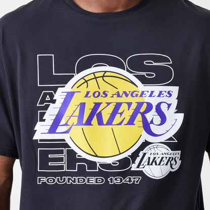 The Male model is wearing LA Lakers NBA Outline Graphic Navy Oversized T-Shirt  4