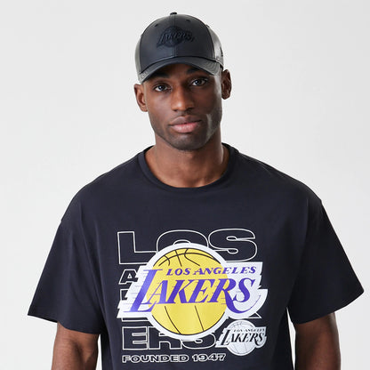 The Male model is wearing LA Lakers NBA Outline Graphic Navy Oversized T-Shirt 6