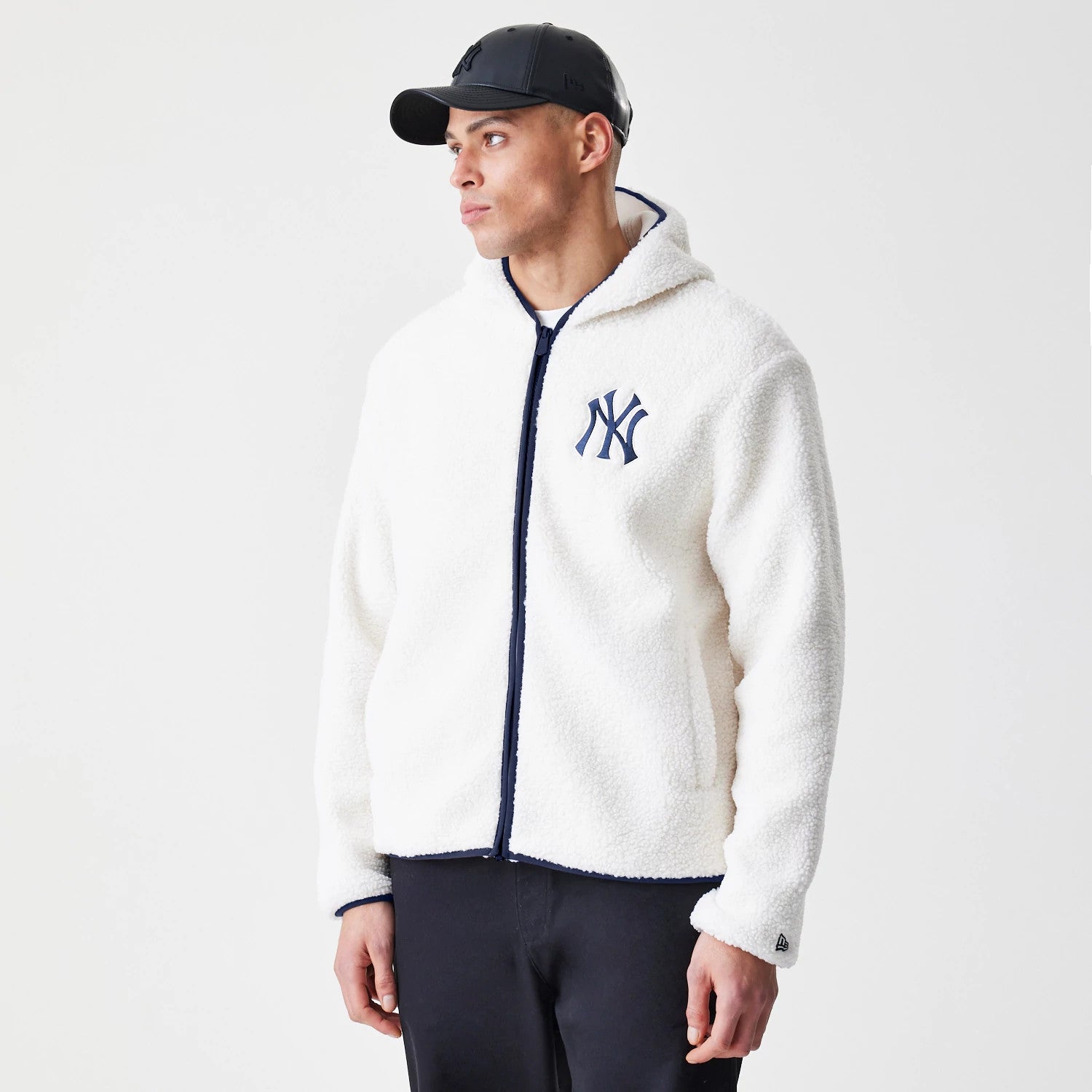 The Male model is wearing New York Yankees MLB Open White Hooded Sherpa Jacket 3