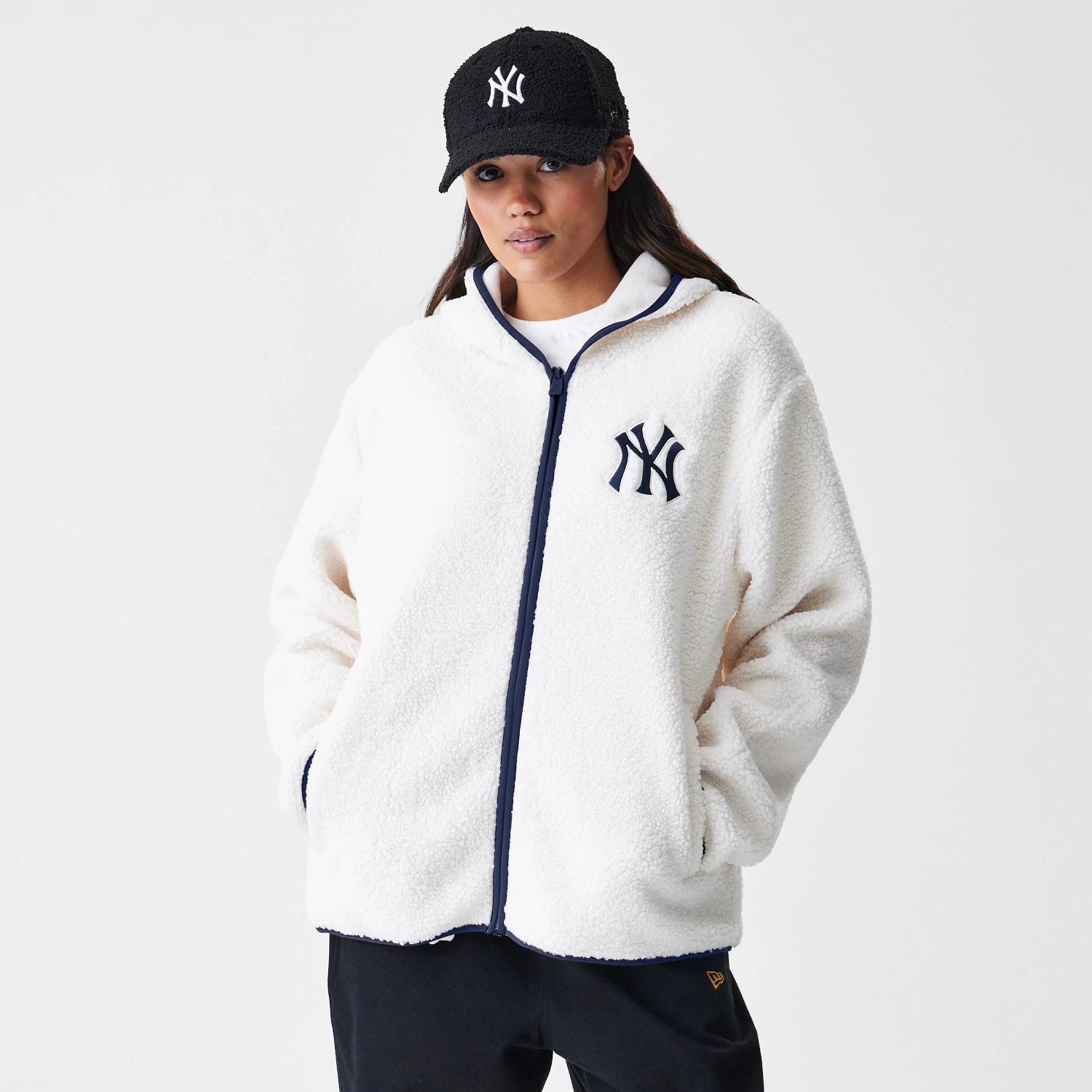 The Male model is wearing New York Yankees MLB Open White Hooded Sherpa Jacket 4