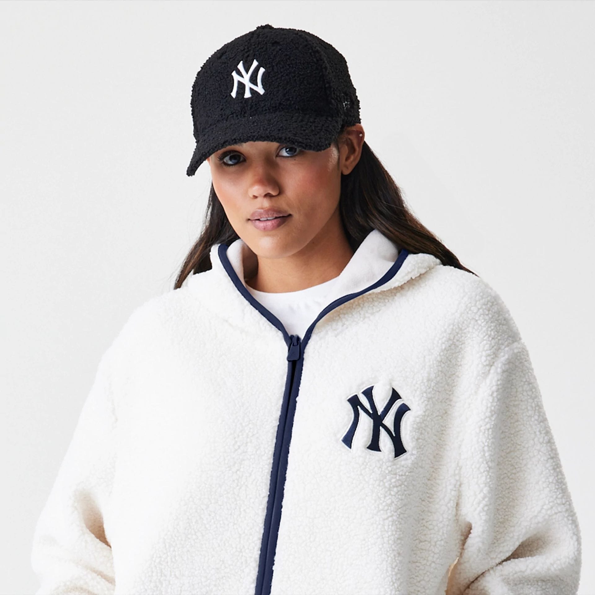 MLB New York Yankees Open White Hooded Sherpa Jacket | NEC UK