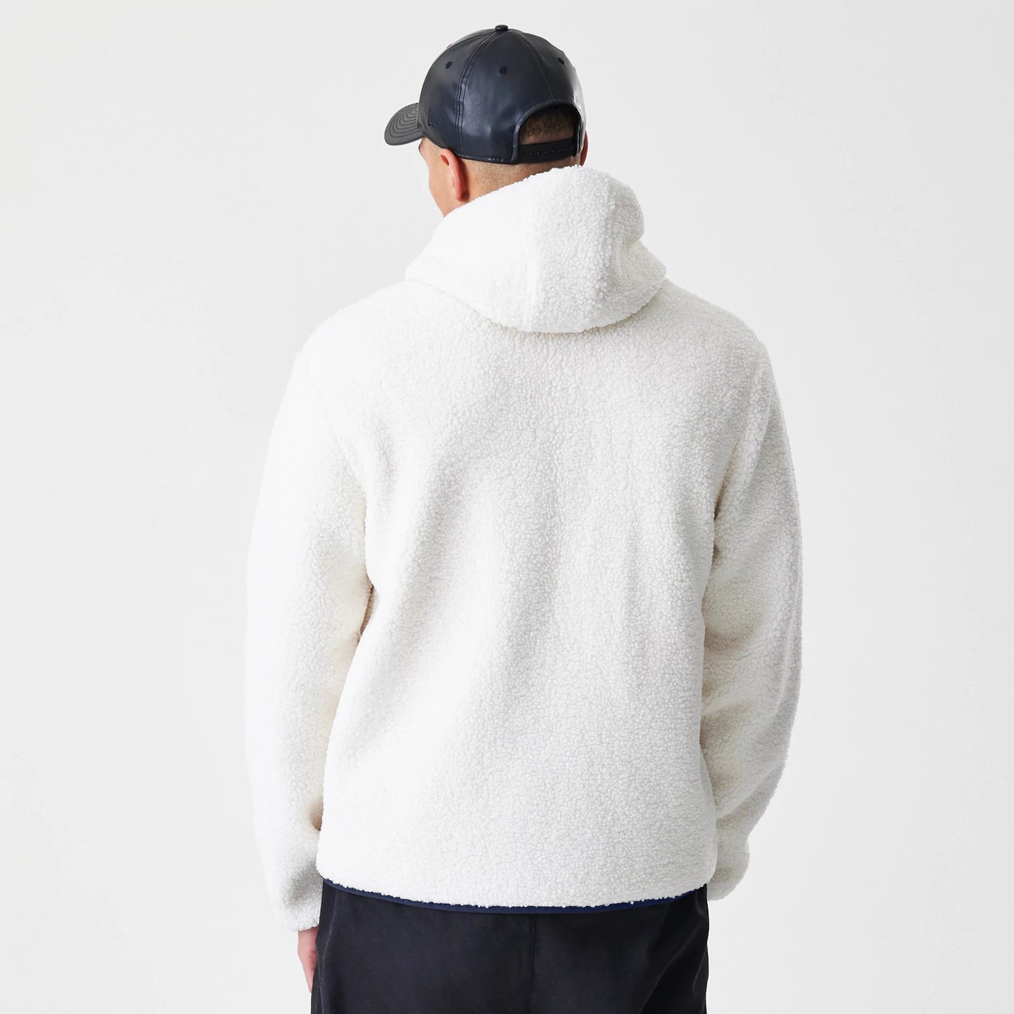 The Male model is wearing New York Yankees MLB Open White Hooded Sherpa Jacket 2