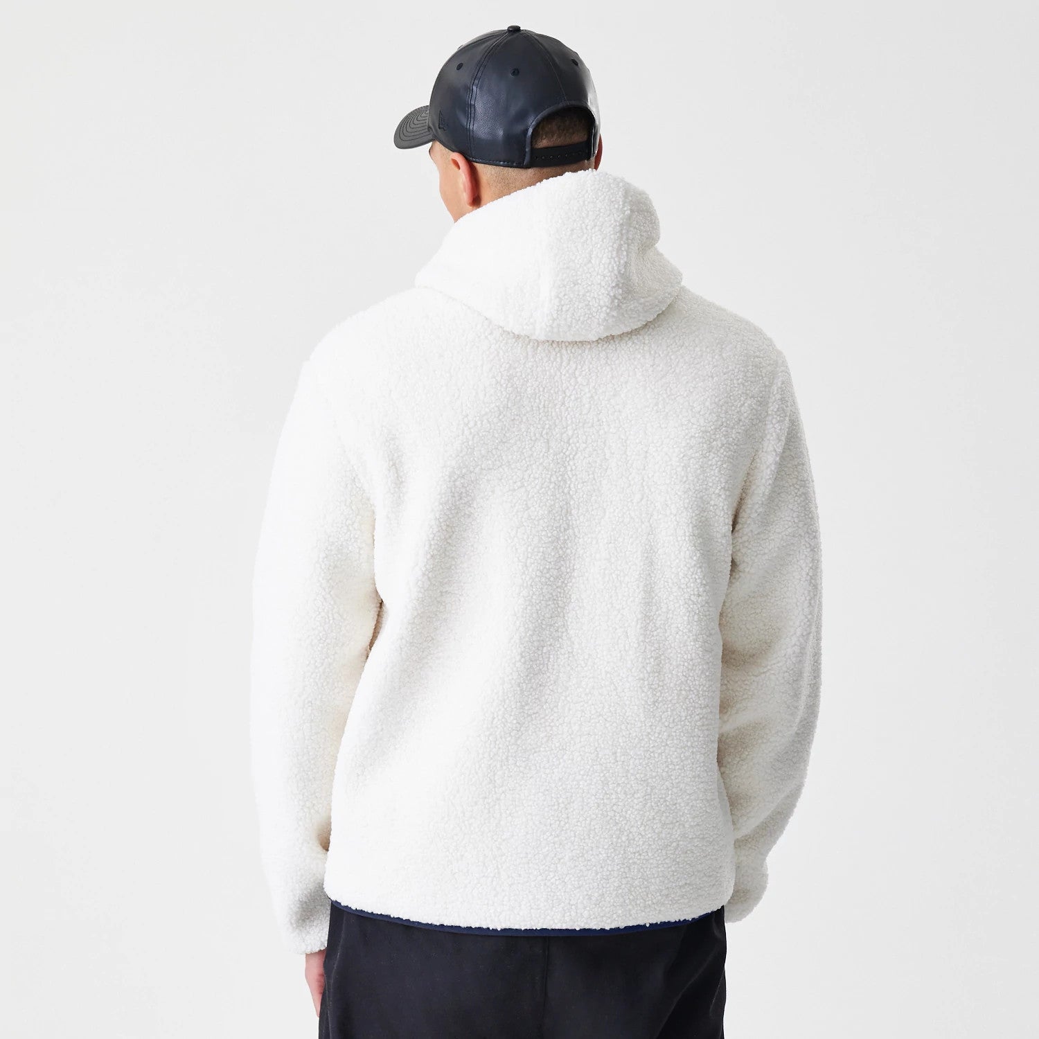 The Male model is wearing New York Yankees MLB Open White Hooded Sherpa Jacket 2