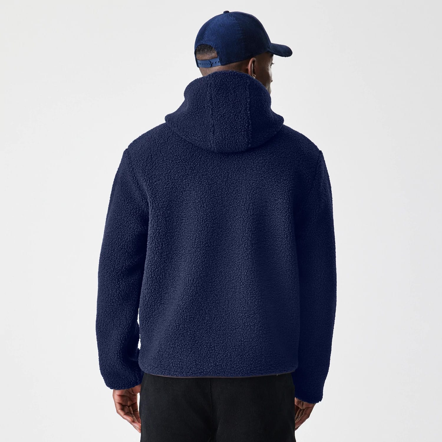 The Male model is wearing  New Era Navy Hooded Sherpa Jacket 2
