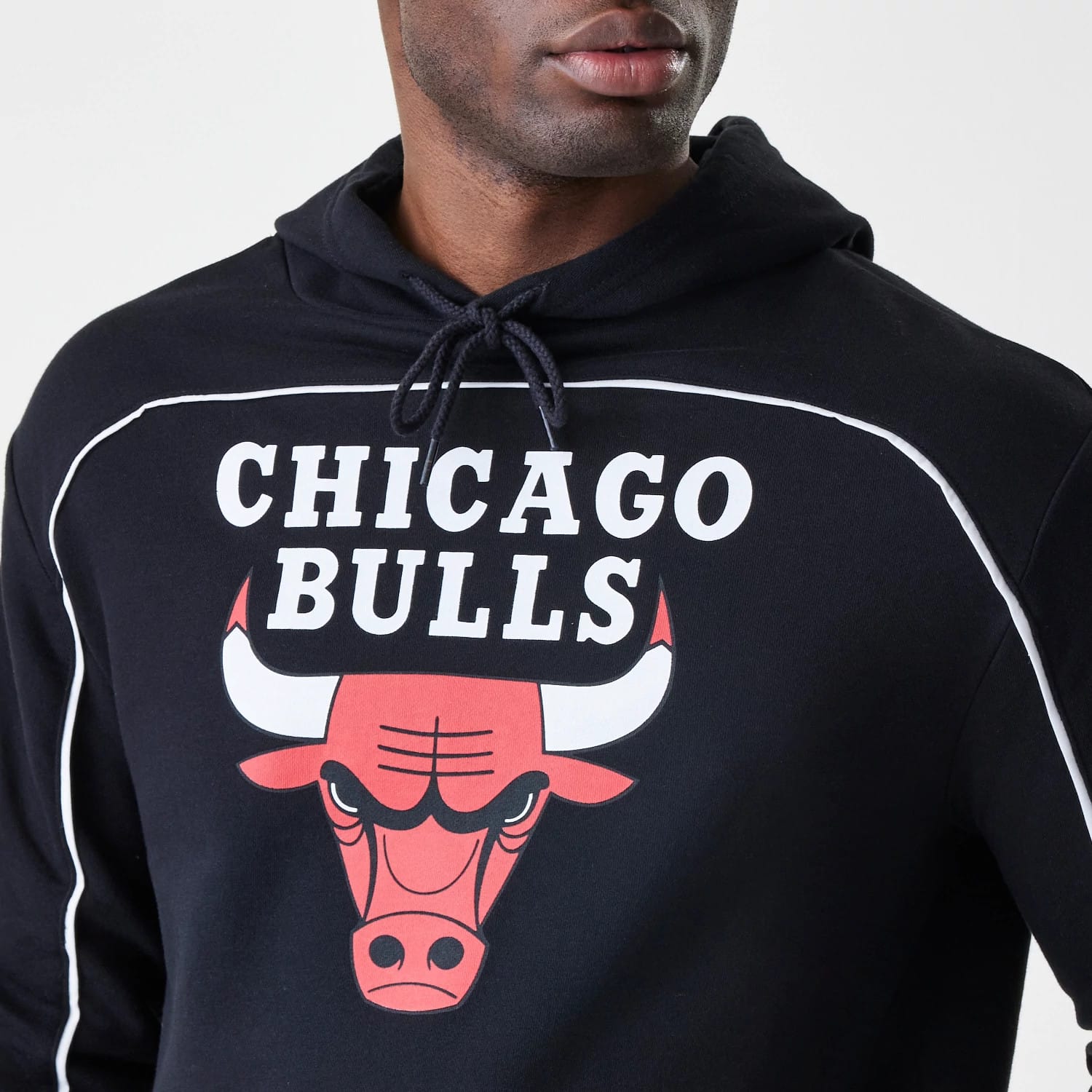 The Male model is wearing Chicago Bulls NBA Piping Black Oversized Pullover Hoodie 3