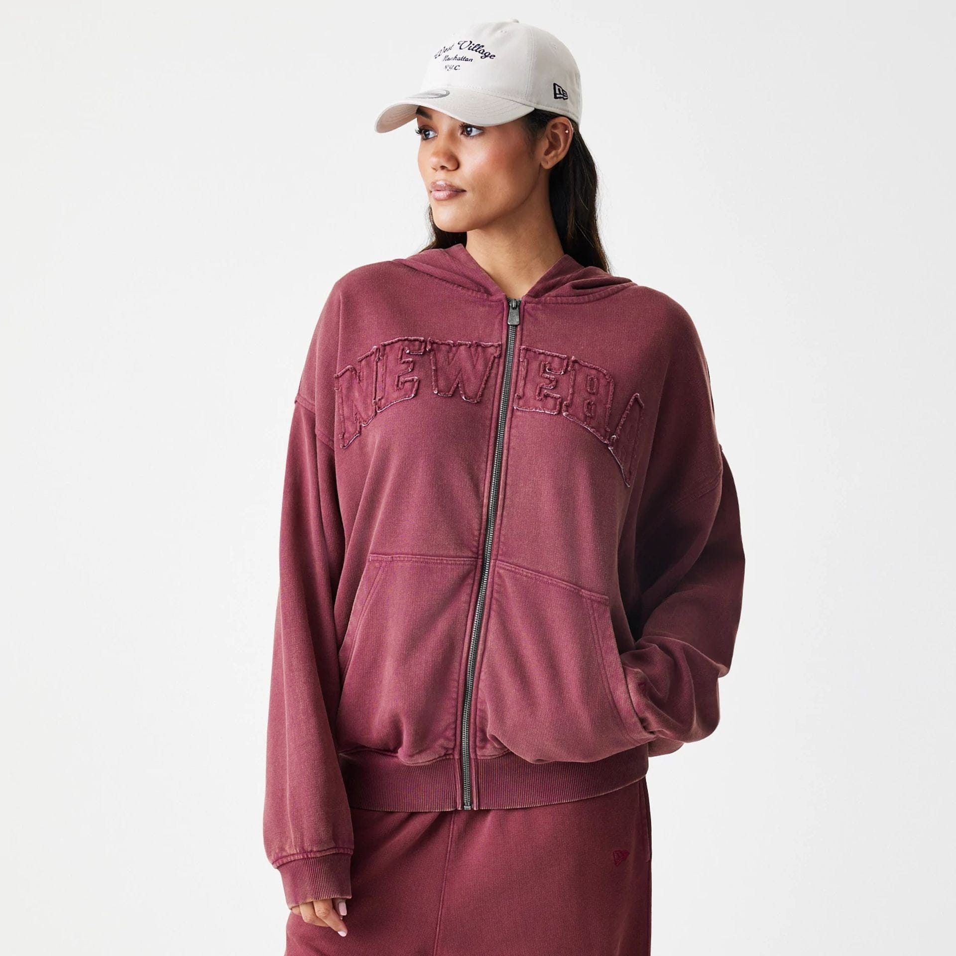 The Male model is wearing  New Era Washed Dark Red Oversized Full Zip Hoodie  4