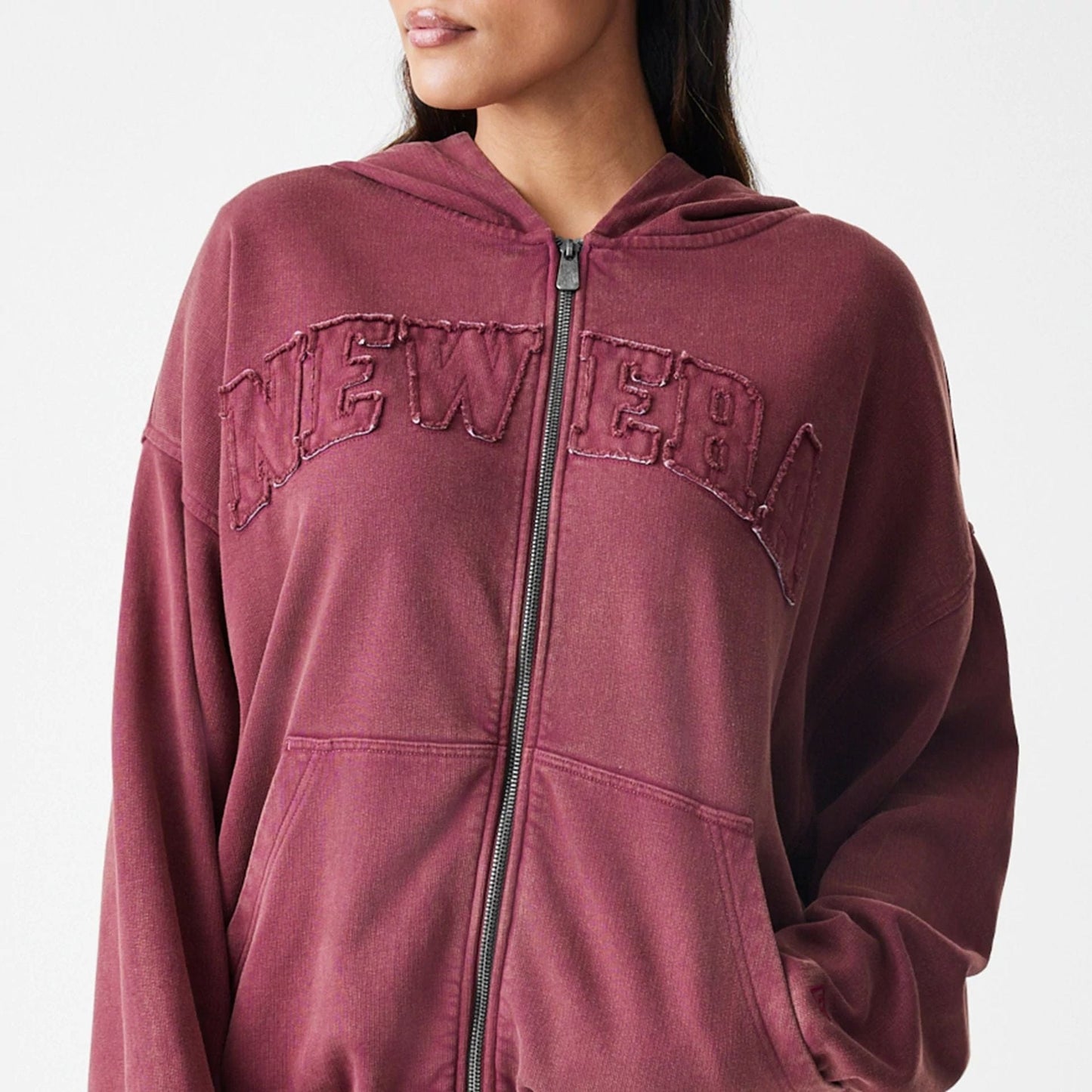 The Male model is wearing  New Era Washed Dark Red Oversized Full Zip Hoodie  6