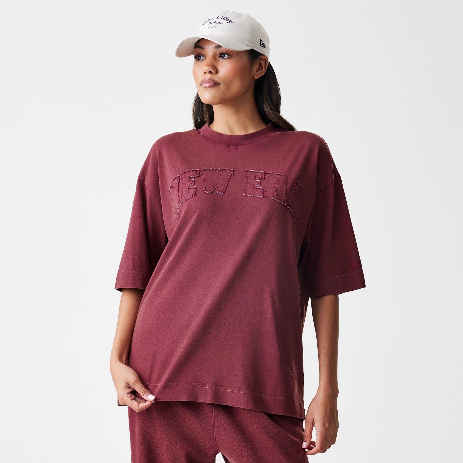 The Male model is wearing  New Era Washed Dark Red Oversized T-Shirt 4