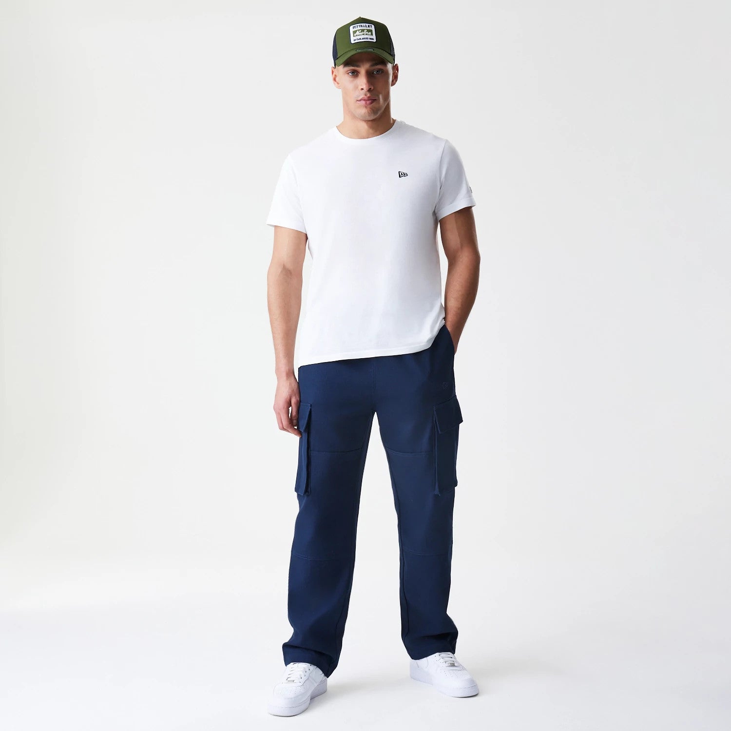 The Male model is wearing  New Era Navy Straight Leg Cargo Trousers 8