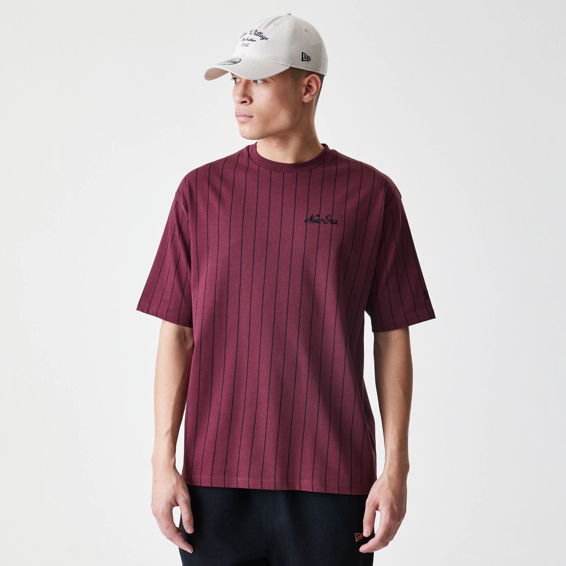 The Male model is wearing  New Era Pinstripe Dark Red Oversized T-Shirt  1