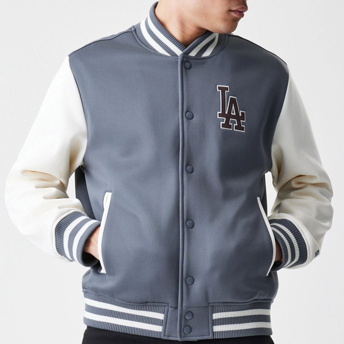 The Male model is wearing LA Dodgers MLB Dark Grey Varsity Jacket  3