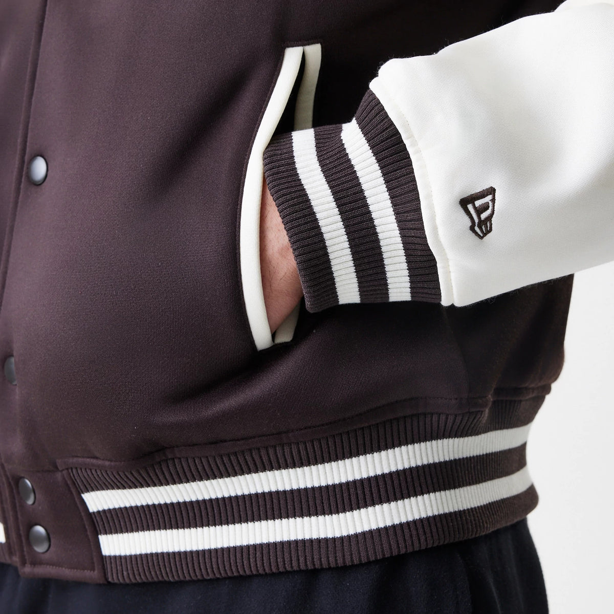 The Male model is wearing New York Yankees MLB Dark Brown Varsity Jacket 7