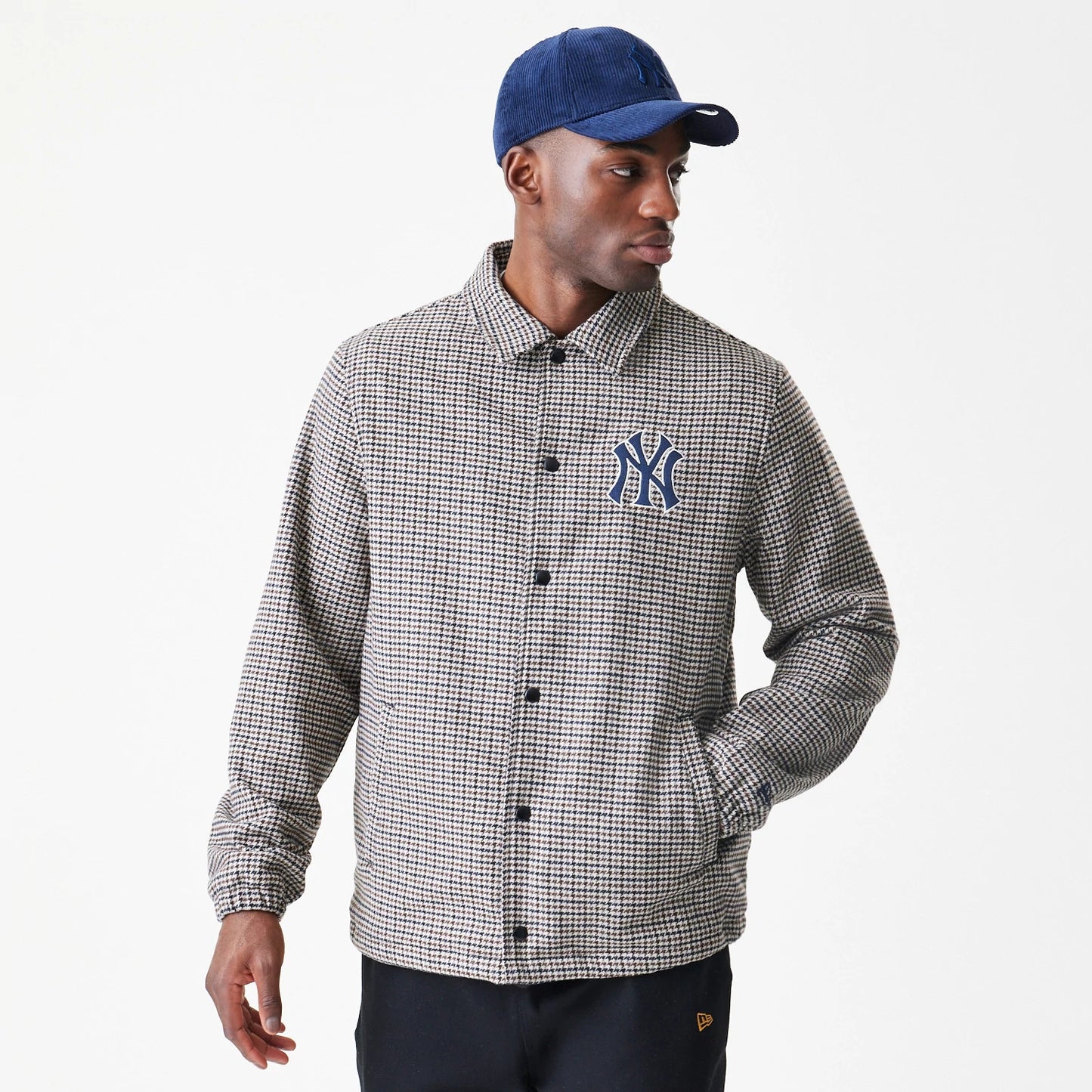 The Male model is wearing New York Yankees MLB Check Brown Jacket 3