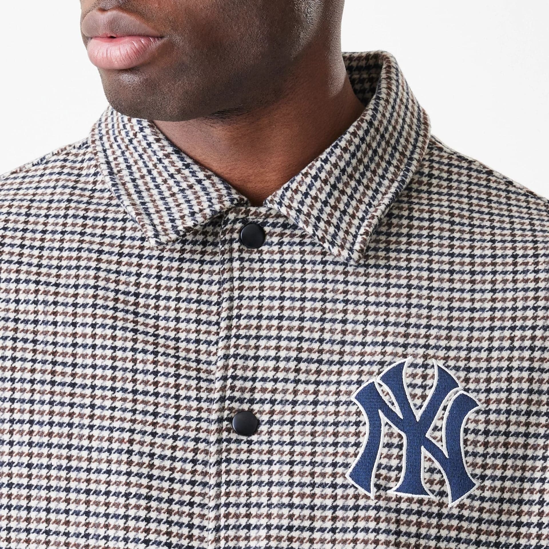 The Male model is wearing New York Yankees MLB Check Brown Jacket  5