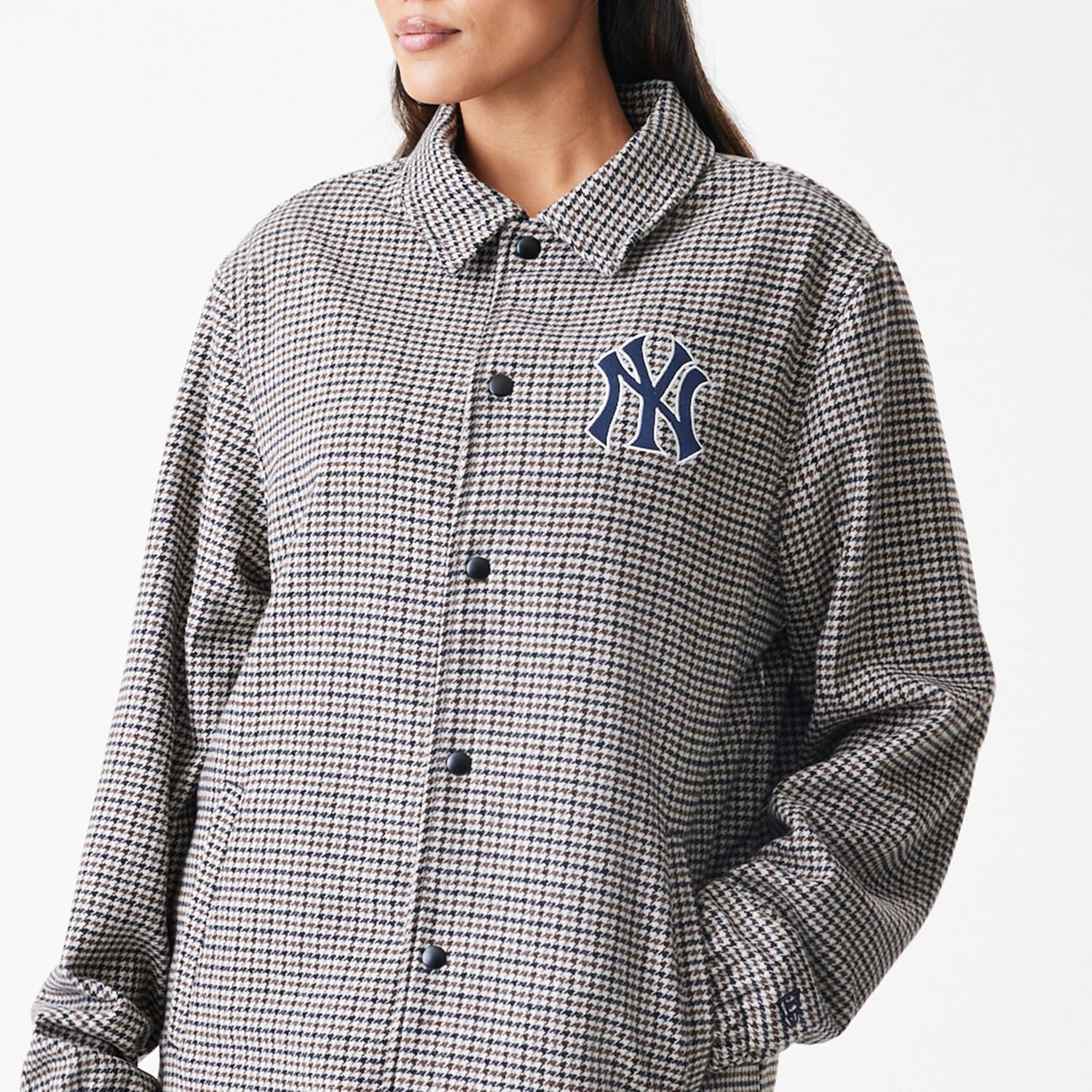 The Male model is wearing New York Yankees MLB Check Brown Jacket 6