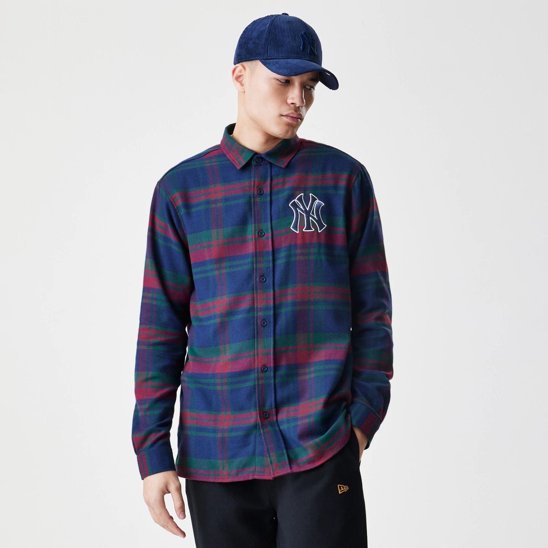 The Male model is wearing New York Yankees MLB Check Navy Long Sleeve Shirt  1