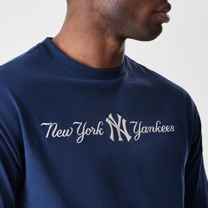 The Male model is wearing New York Yankees MLB Script Navy Oversized T-Shirt 4