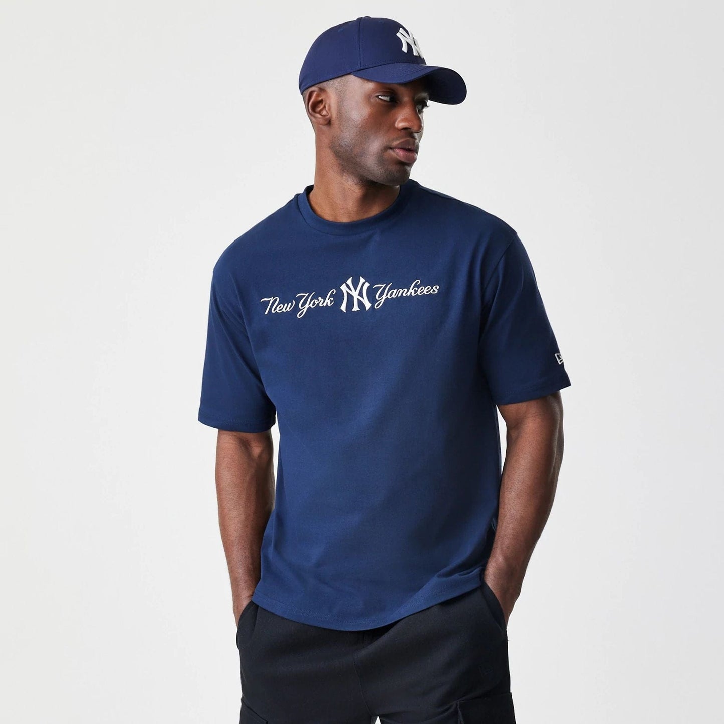 The Male model is wearing New York Yankees MLB Script Navy Oversized T-Shirt  1