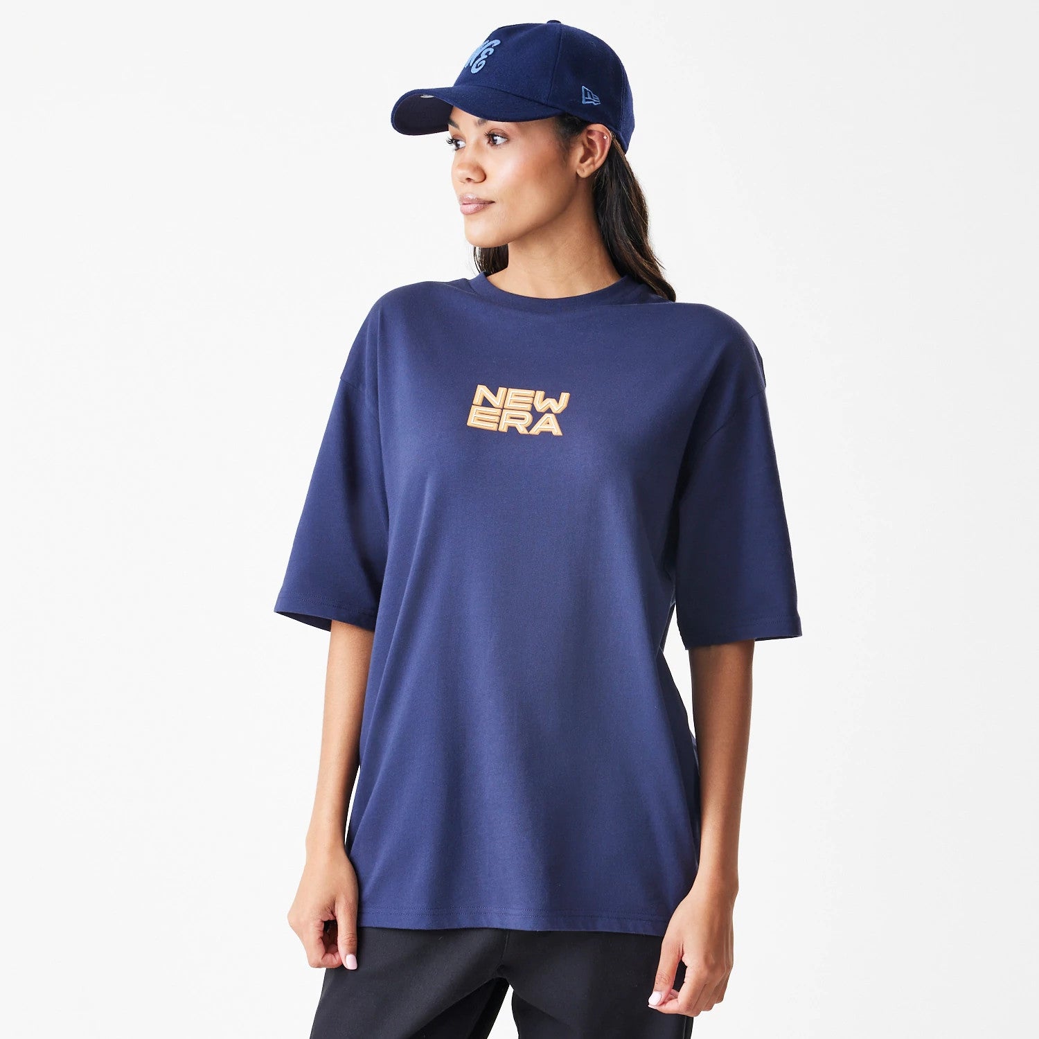 The Male model is wearing  New Era Location Navy Oversized T-Shirt 4