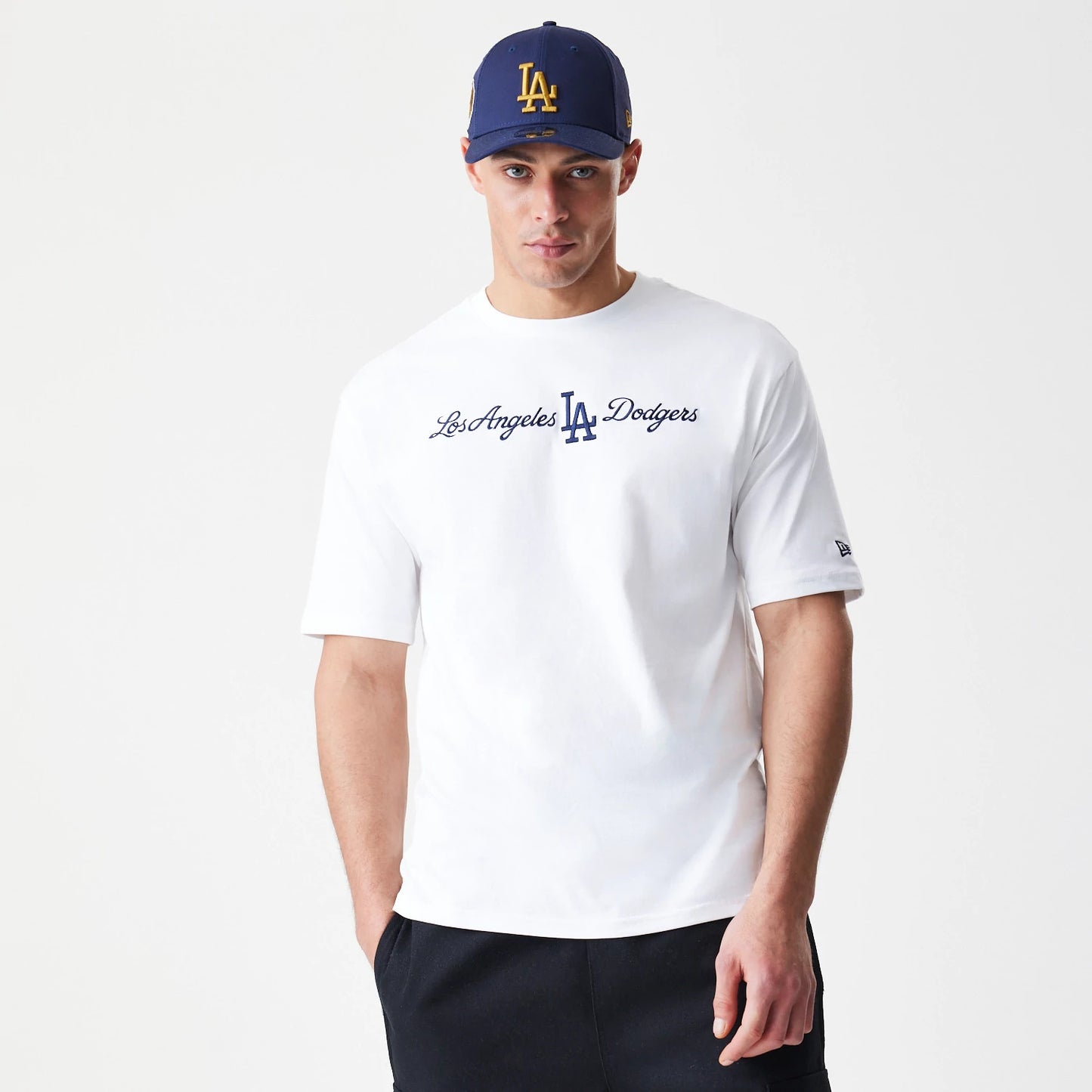 The Male model is wearing LA Dodgers MLB Script White Oversized T-Shirt 3