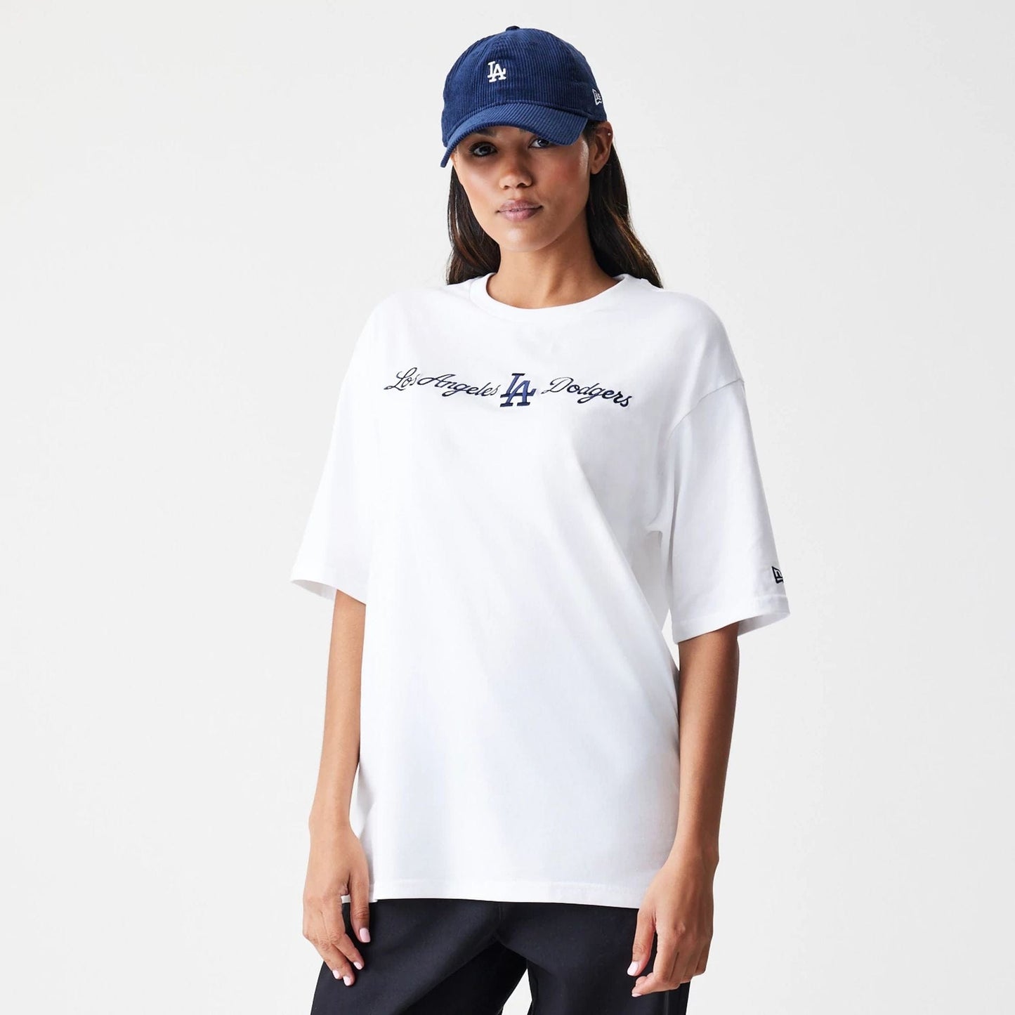 The Male model is wearing LA Dodgers MLB Script White Oversized T-Shirt  4