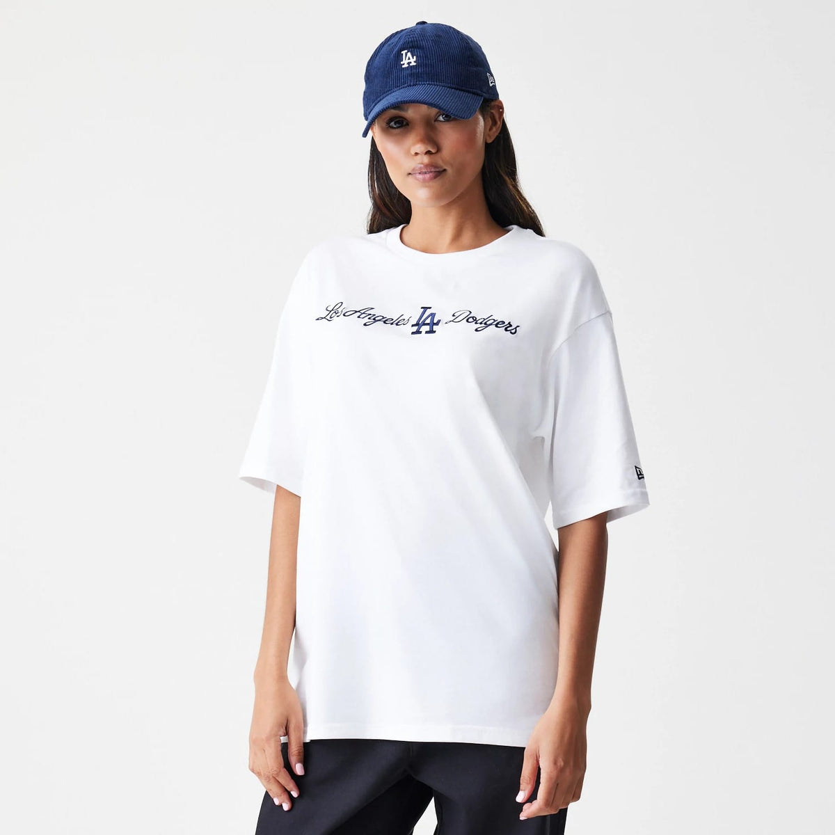 The Male model is wearing LA Dodgers MLB Script White Oversized T-Shirt 4