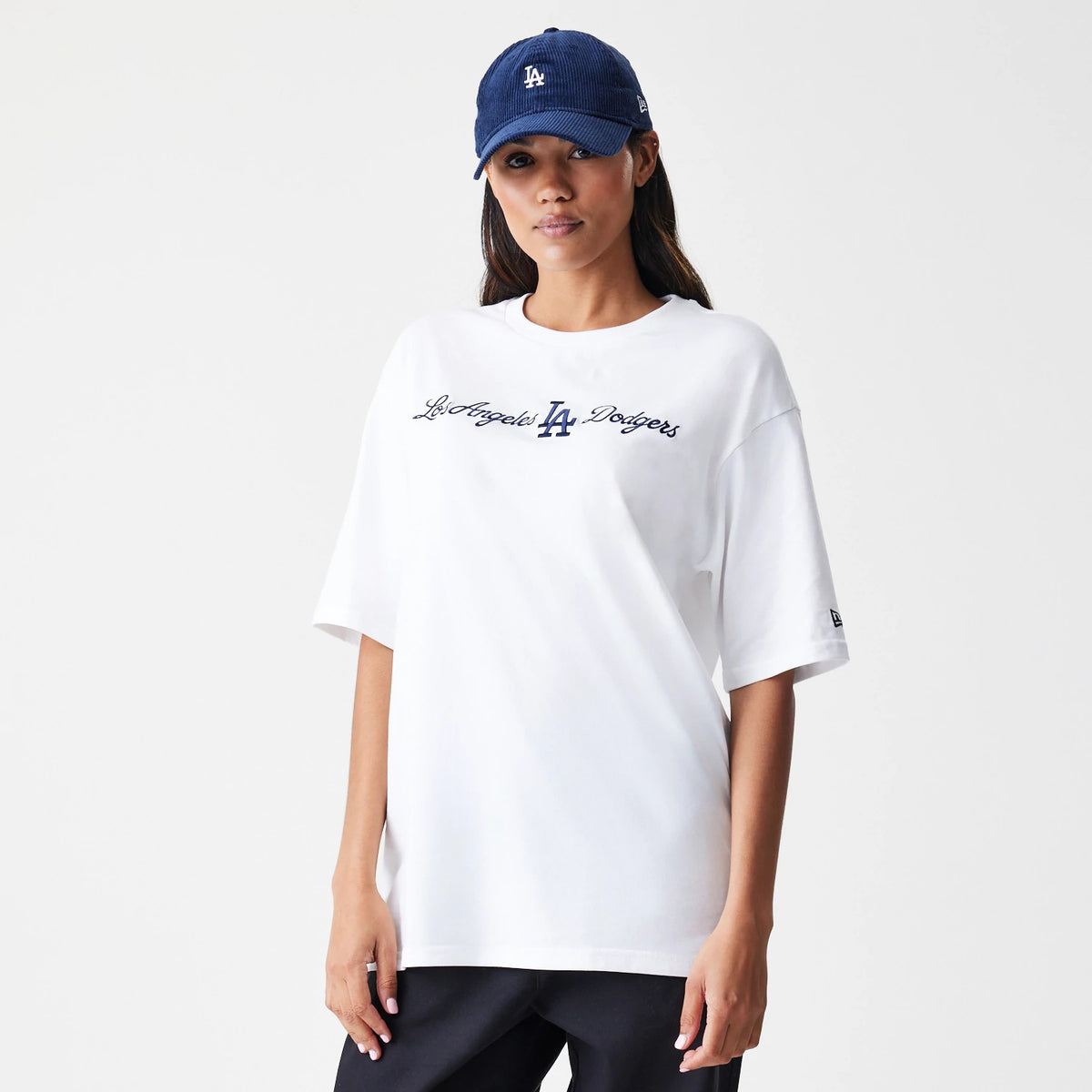 The Male model is wearing LA Dodgers MLB Script White Oversized T-Shirt 4