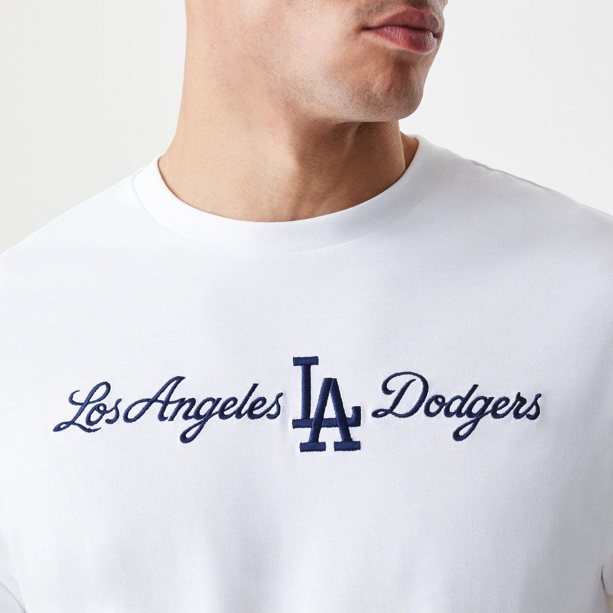 The Male model is wearing LA Dodgers MLB Script White Oversized T-Shirt 6