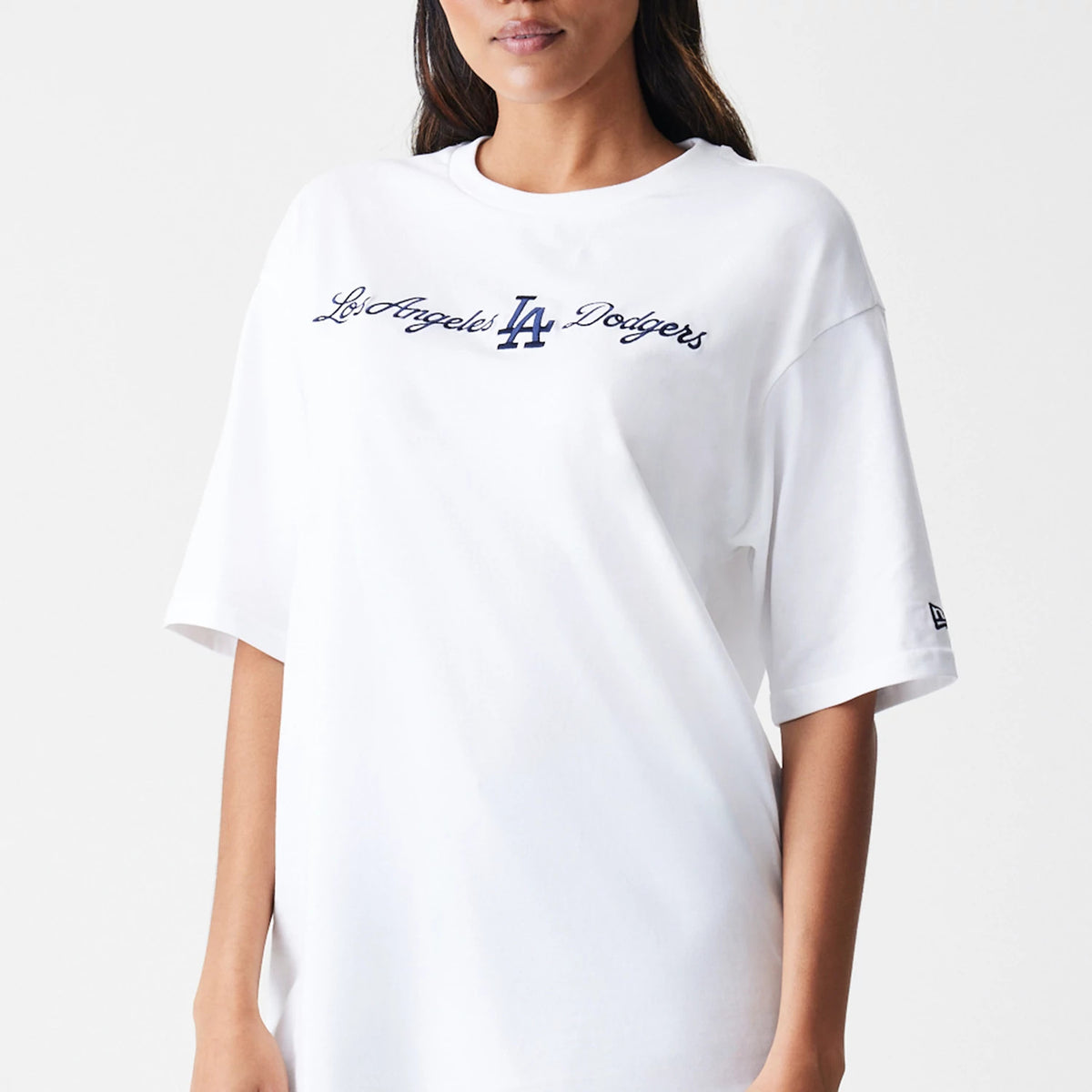 The Male model is wearing LA Dodgers MLB Script White Oversized T-Shirt 7