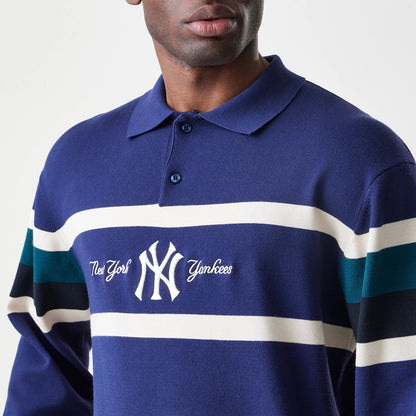 New Era New York Yankees MLB Knit Navy Rugby Shirt, front view on a model displaying white embroidered New York Yankees script and logo on the chest, with navy, white, and green horizontal stripes across the midsection and sleeves.