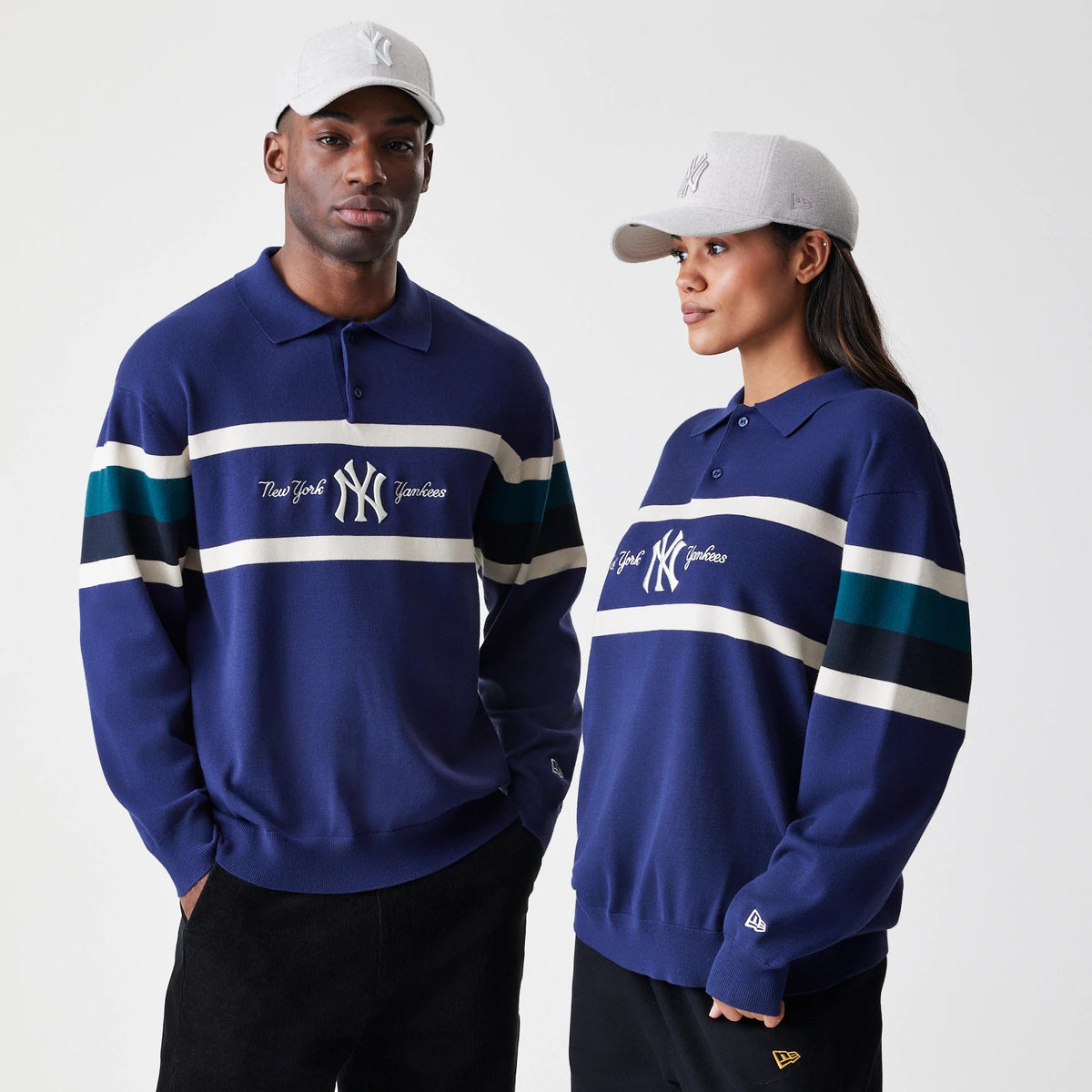 The Male model is wearing New York Yankees MLB Knit Navy Rugby Shirt 1