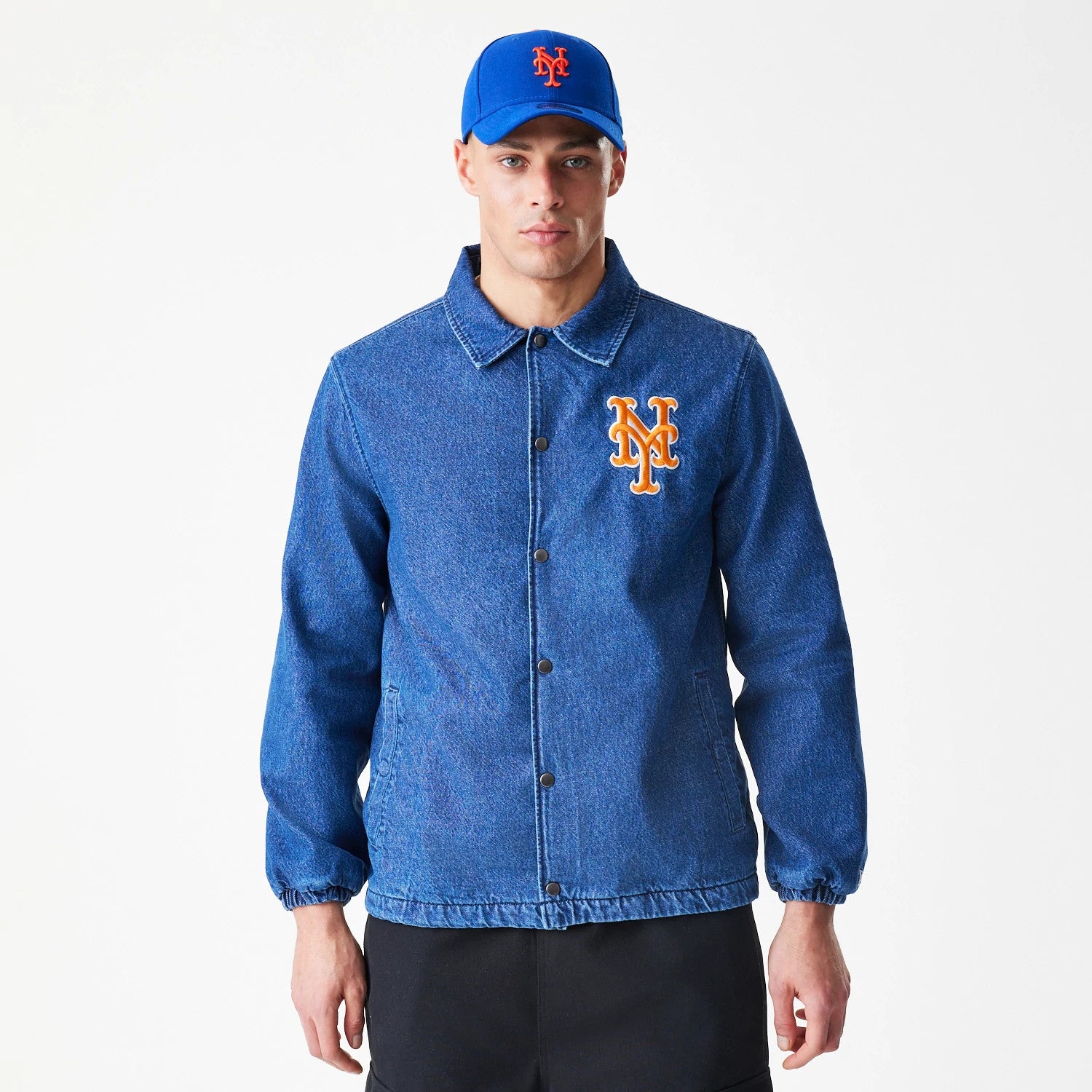 The Male model is wearing New York Mets MLB Denim Dark Blue Coaches Jacket 3