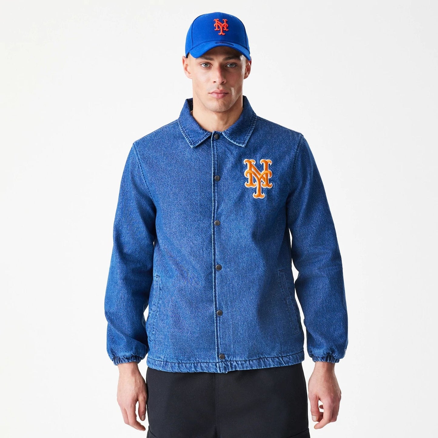 The Male model is wearing New York Mets MLB Denim Dark Blue Coaches Jacket 3
