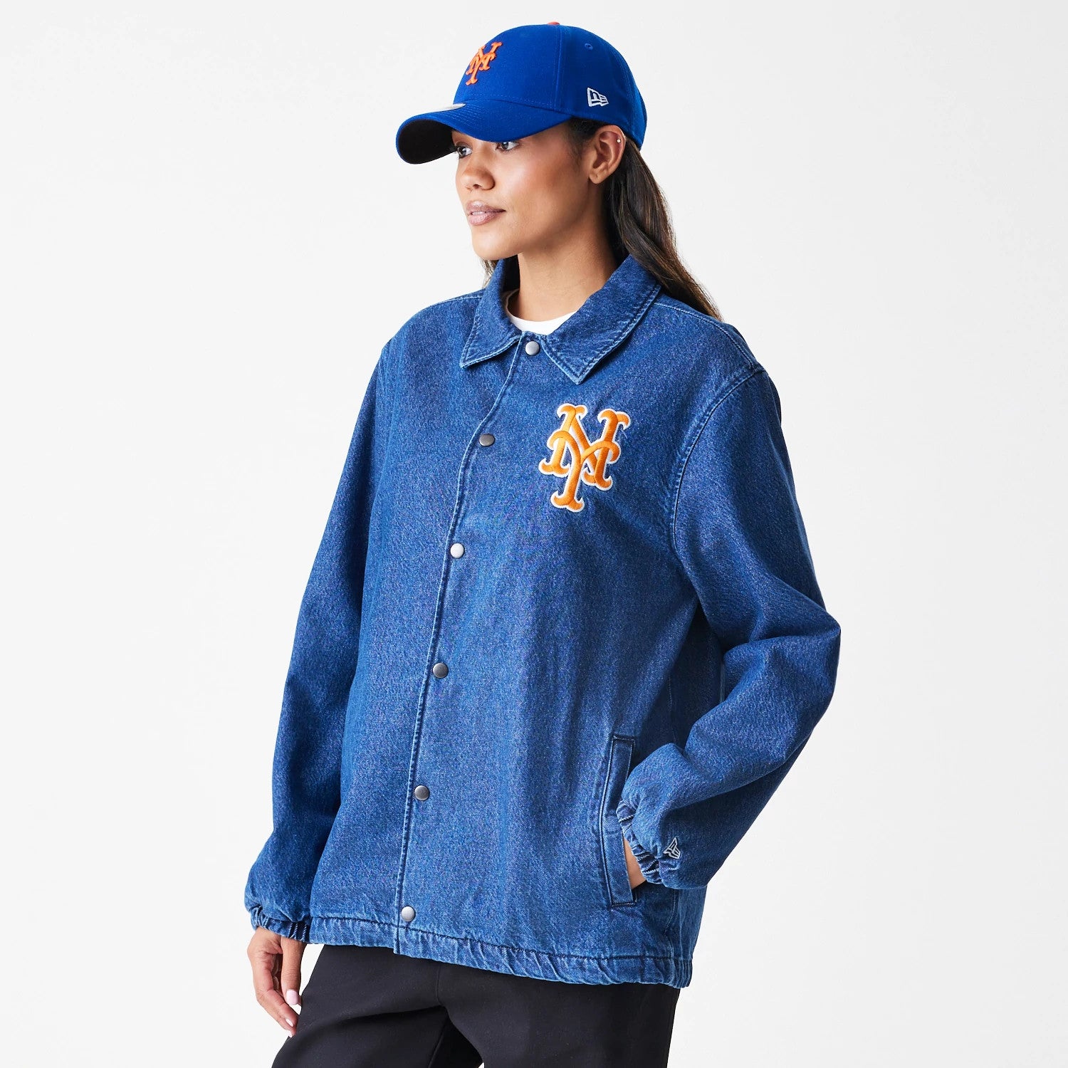 The Male model is wearing New York Mets MLB Denim Dark Blue Coaches Jacket 4