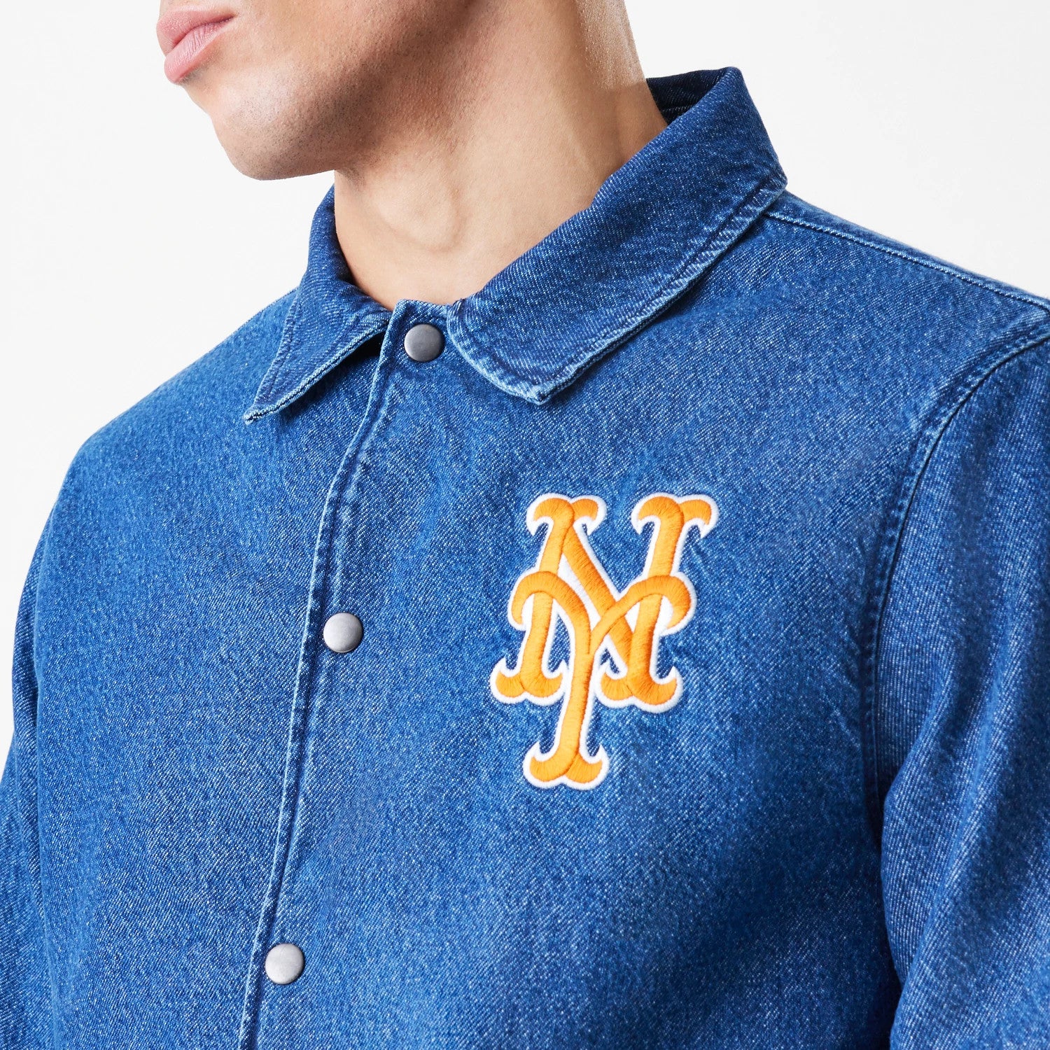 The Male model is wearing New York Mets MLB Denim Dark Blue Coaches Jacket 6