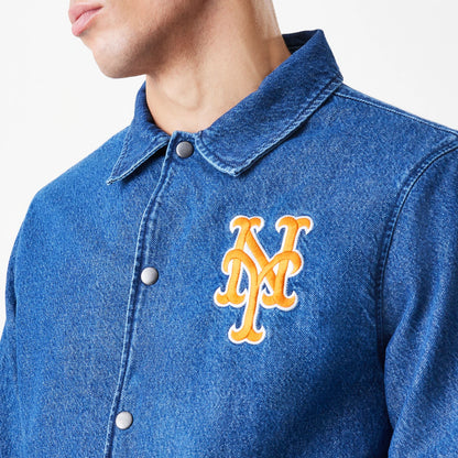 The Male model is wearing New York Mets MLB Denim Dark Blue Coaches Jacket 6