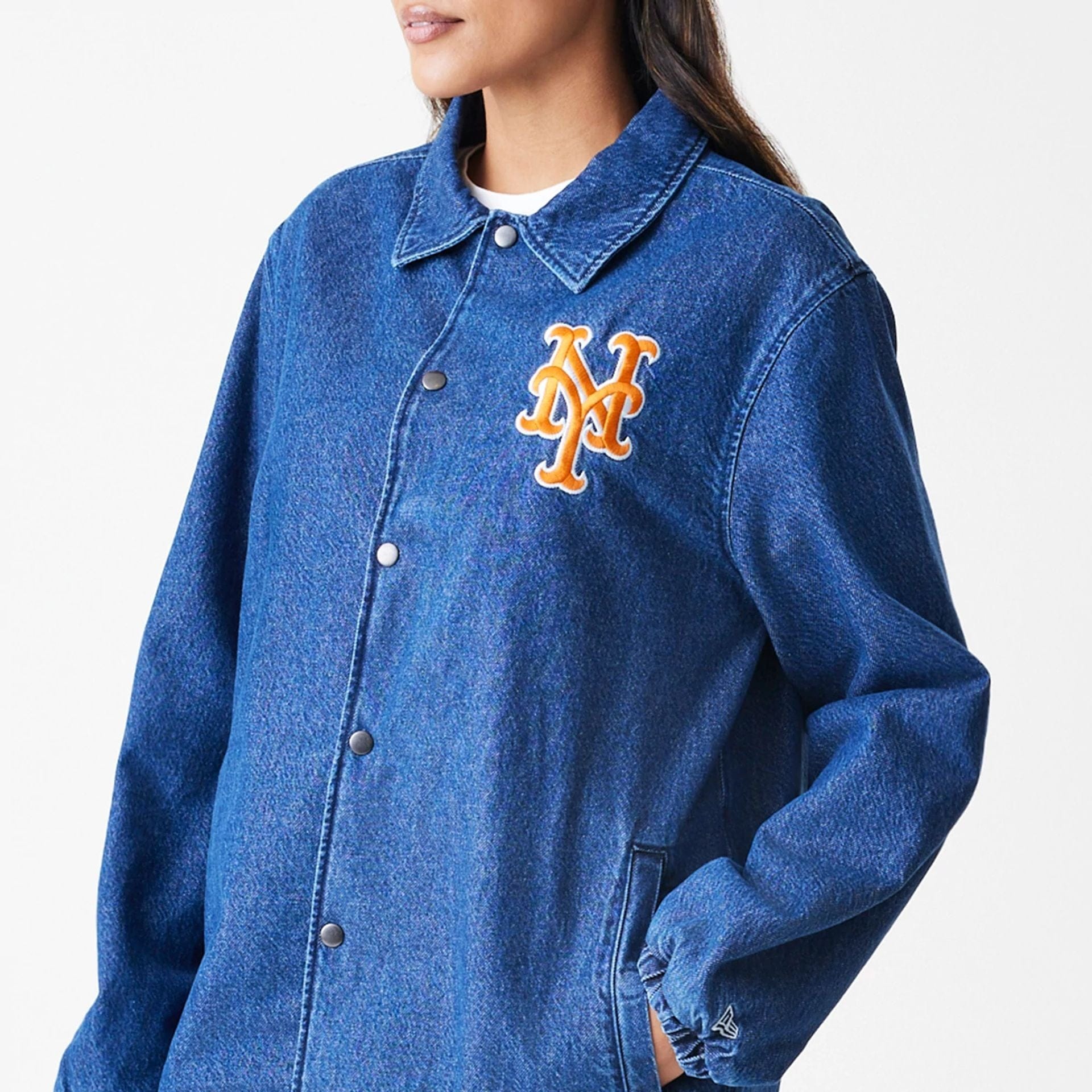 The Male model is wearing New York Mets MLB Denim Dark Blue Coaches Jacket  7
