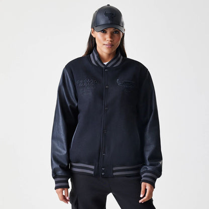 The Male model is wearing Chicago Bulls NBA Tonal Black Varsity Jacket  4