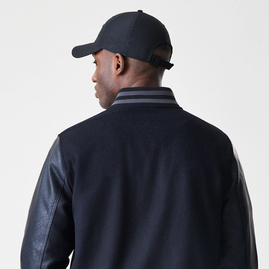 The Male model is wearing Chicago Bulls NBA Tonal Black Varsity Jacket  6