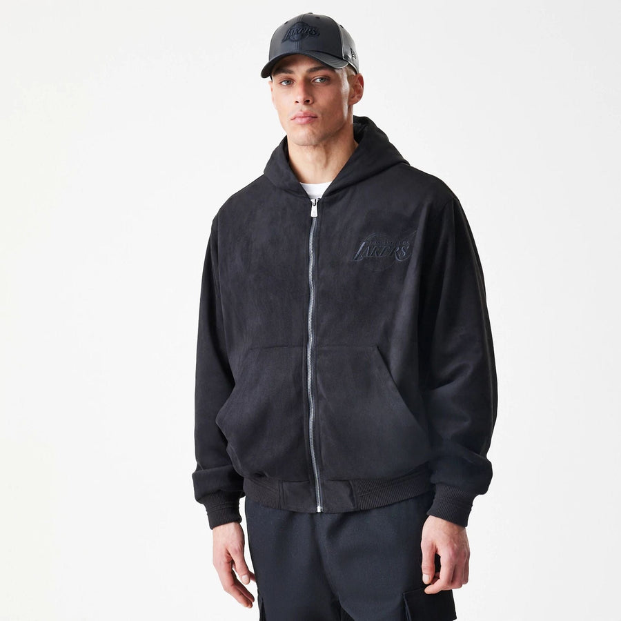 The Male model is wearing LA Lakers NBA Suede Black Hooded Jacket 3
