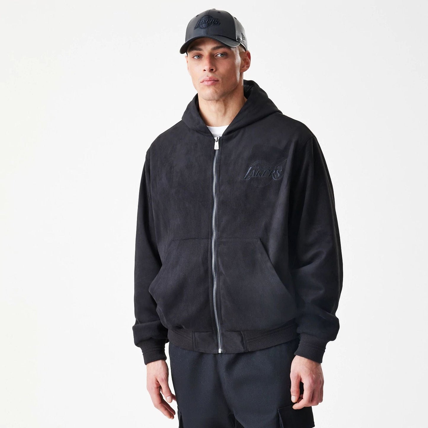 The Male model is wearing LA Lakers NBA Suede Black Hooded Jacket 3