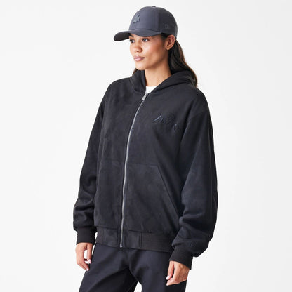 The Male model is wearing LA Lakers NBA Suede Black Hooded Jacket 4