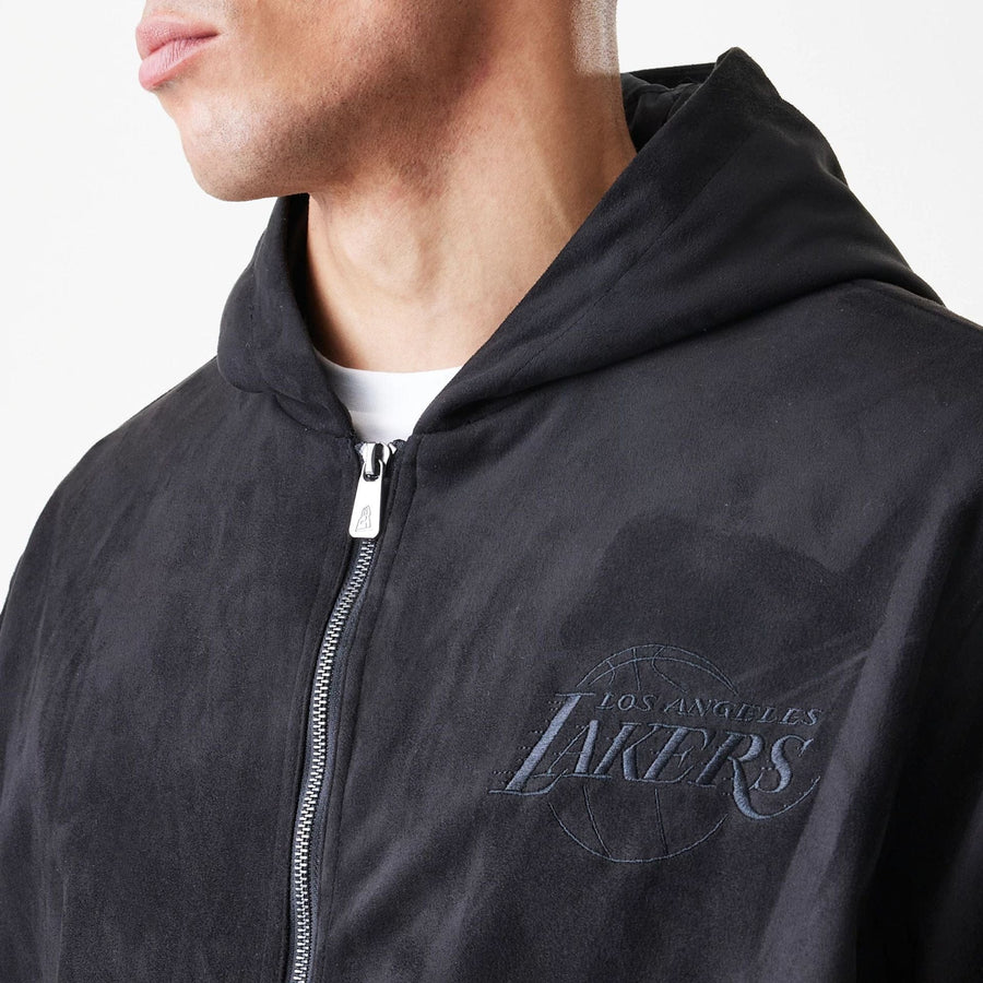 The Male model is wearing LA Lakers NBA Suede Black Hooded Jacket 5